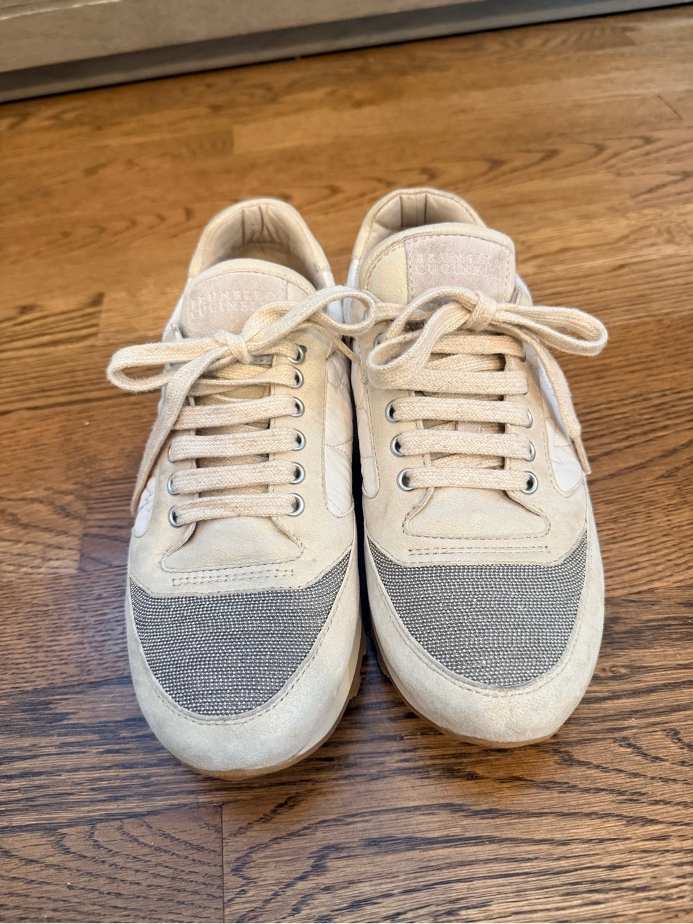 Brunello Cucinelli Light Beige Suede & Embellished Sneakers - Picture 5 of 8